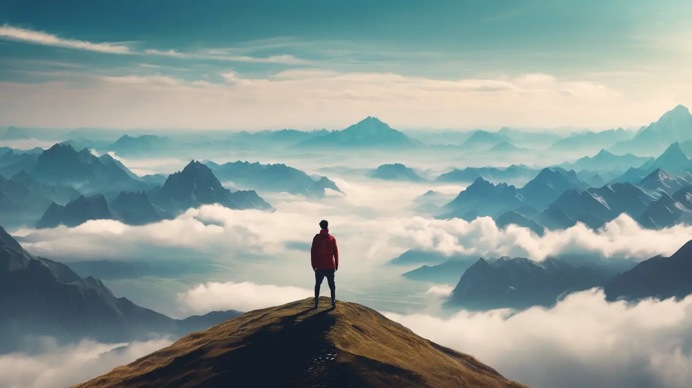 Instant Success: A Confident Figure Atop A Glowing Mountain At Sunrise, Symbolizing Achievement And New Beginnings.