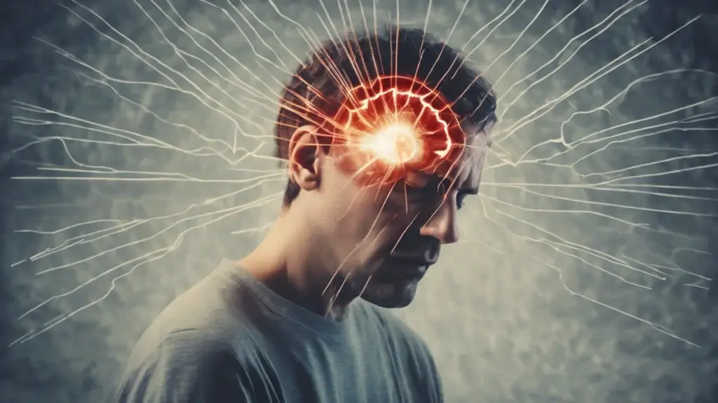 Head ache with eye pain illustrated by a person holding their forehead, red glowing lines highlighting the discomfort.