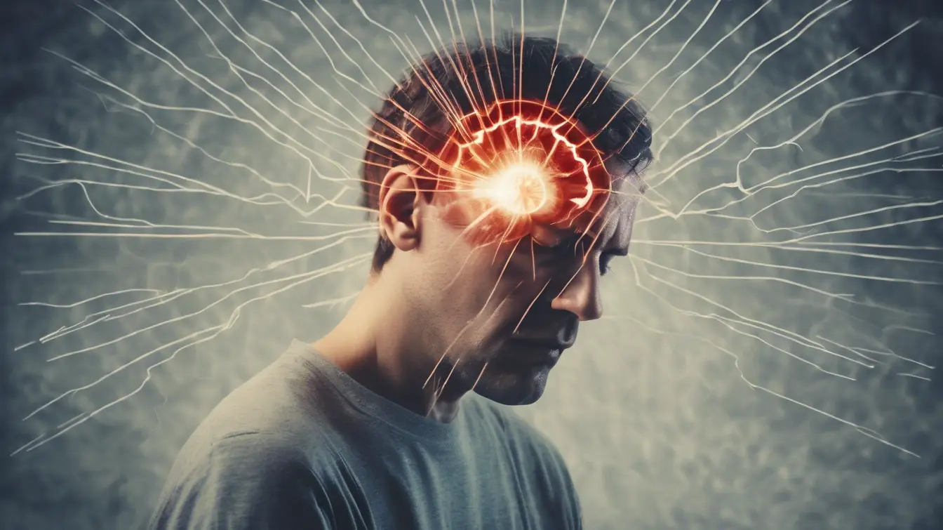 Head Ache With Eye Pain Illustrated By A Person Holding Their Forehead, Red Glowing Lines Highlighting The Discomfort.